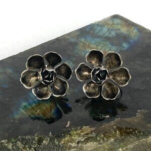 VTG Sterling Silver 925 0.89" 3D Oxidized Layered Flower Screw Back Earrings 8g